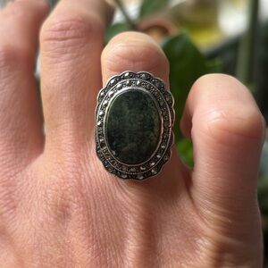 Sterling Silver Green Stone & Marcasite Ring